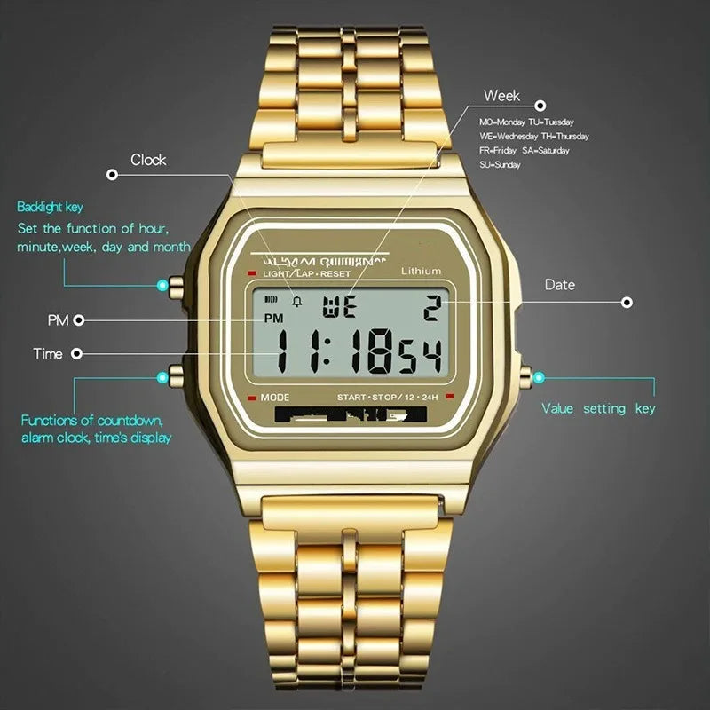 LED Digital Sports Wrist Watch Multifunction Steel Strap Business Electronic Clock for Men And Women